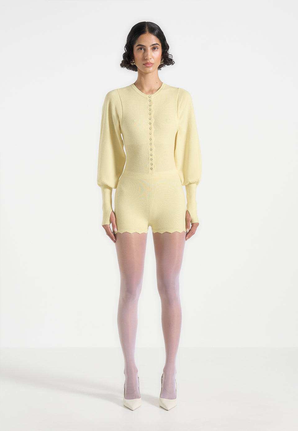Michele - Knitted Scallop Hem Playsuit - Pale Yellow