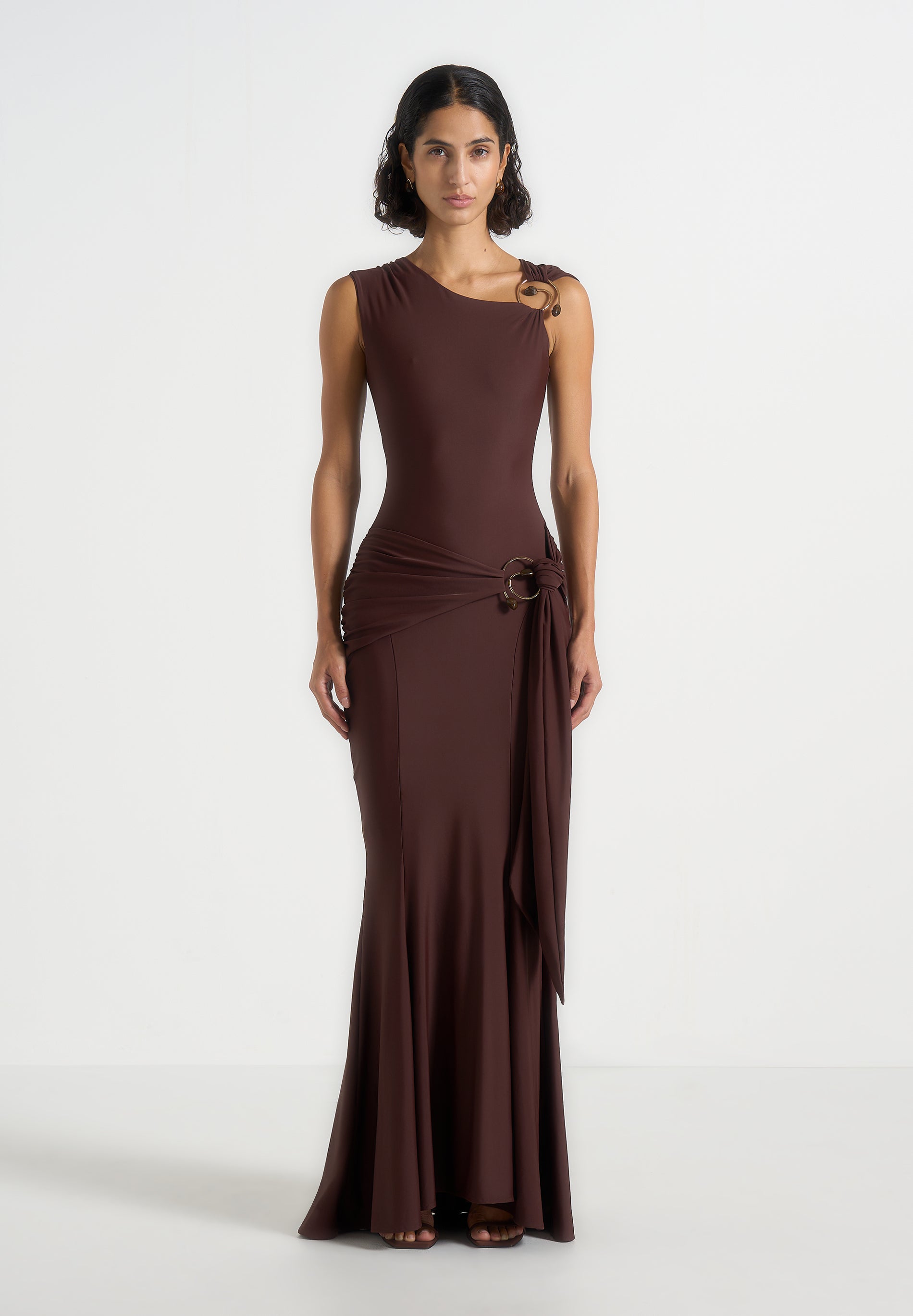Rania - Asymmetric Draped Midaxi Dress - Brown