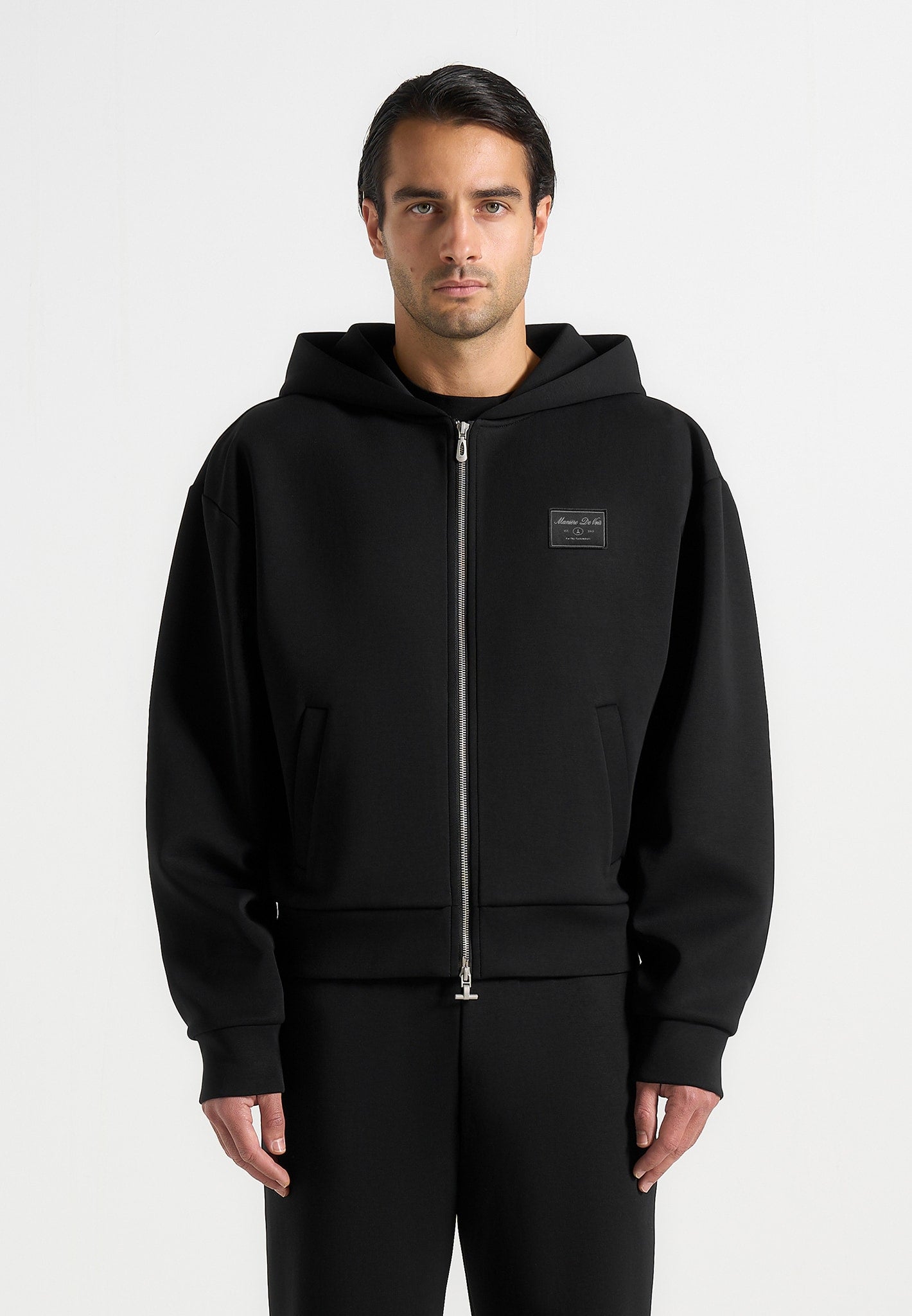 Ray - Unisex Neoprene Cropped Zip Hoodie - Black 