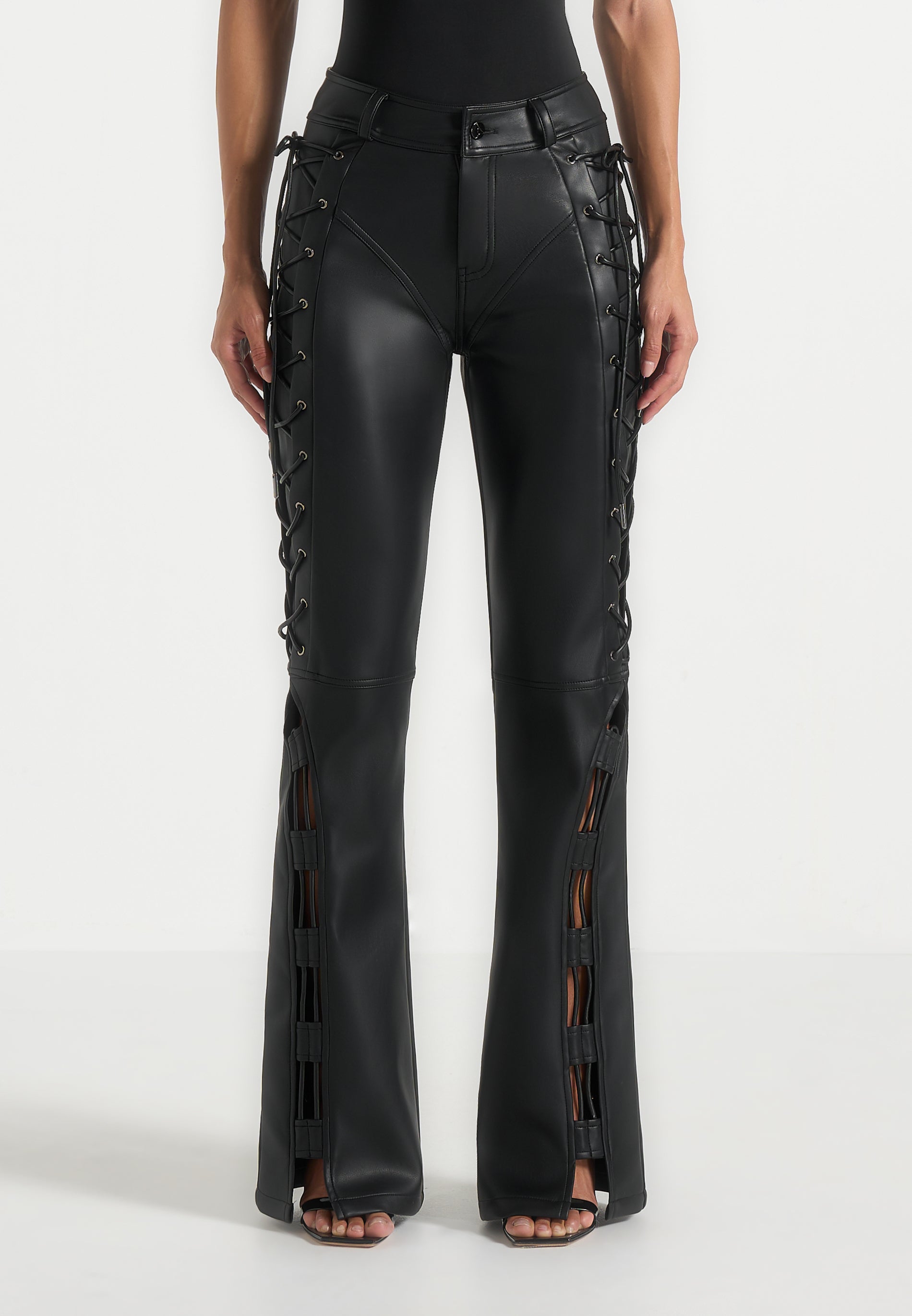 Ambre - Leather Lace Up Flared Trousers - Black 