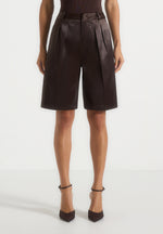 Lorette - Satin Double Pleat Shorts - Brown