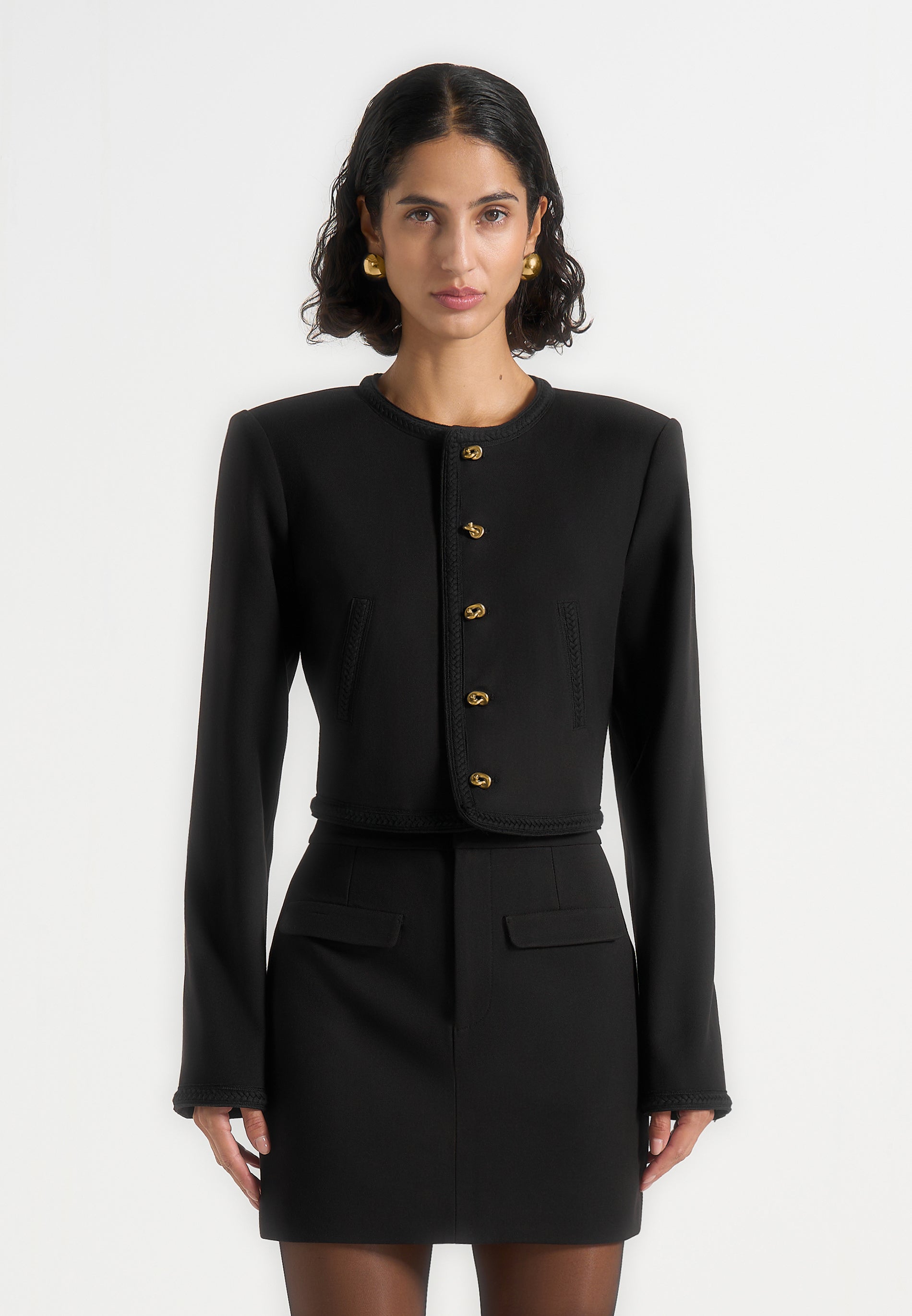 Madeline - Cropped Tailored Jacket With Braided Trim - Black 