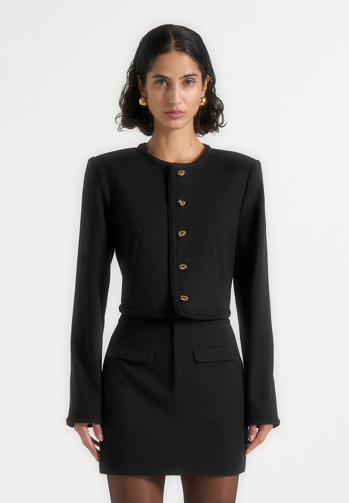Madeline - Cropped Tailored Jacket With Braided Trim - Black