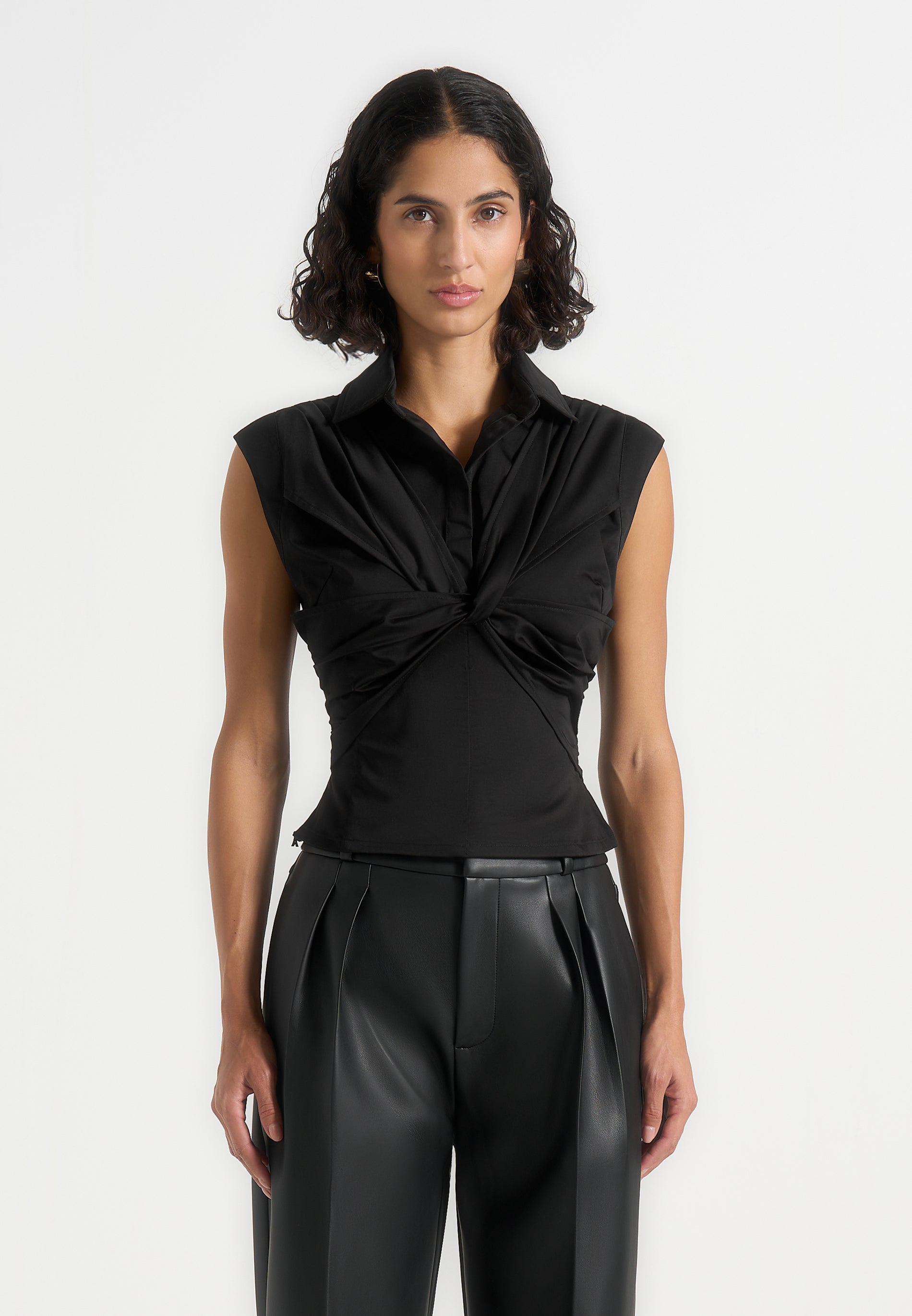 Yvette - Twist Front Sleeveless Shirt - Black 