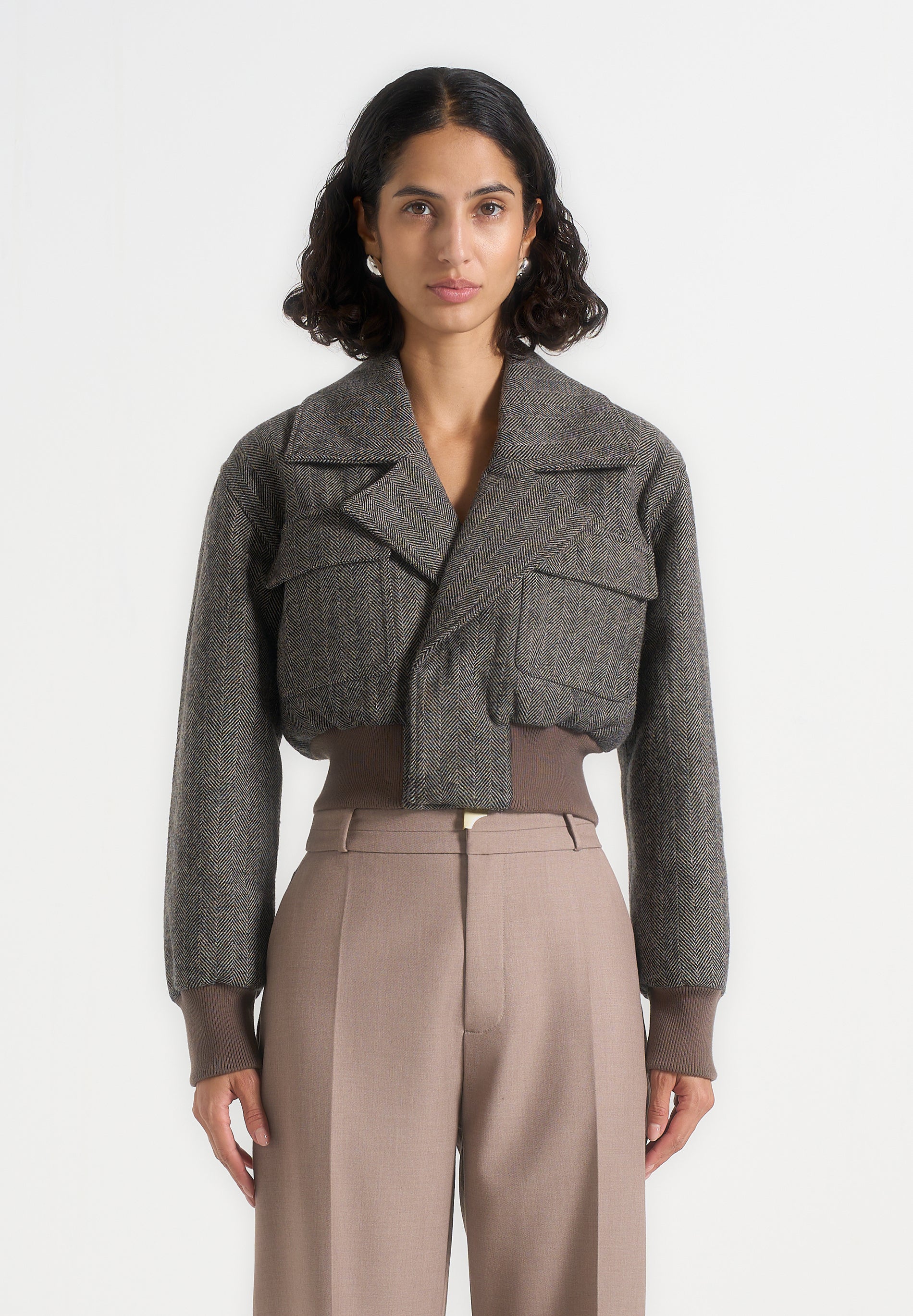 Cosette - Herringbone Wool Lapel Bomber Jacket - Grey