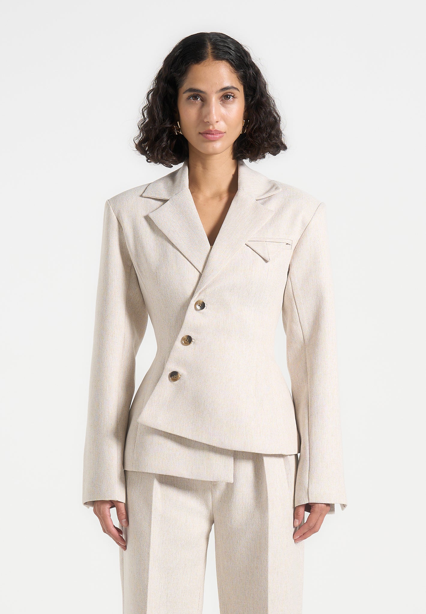 Thalia - Tailored Asymmetric Double Breasted Blazer - Light Beige