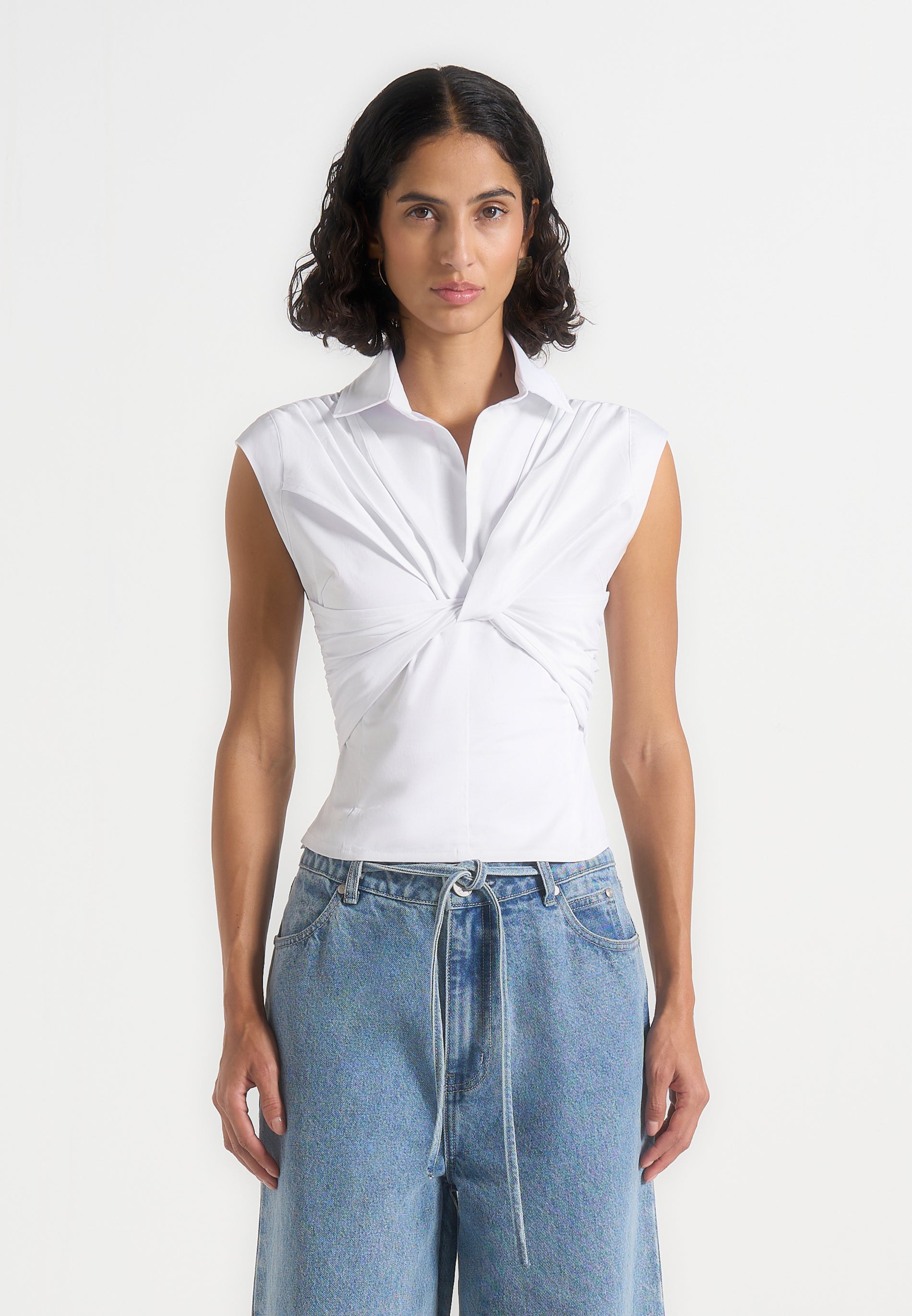 Yvette - Twist Front Sleeveless Shirt - White 