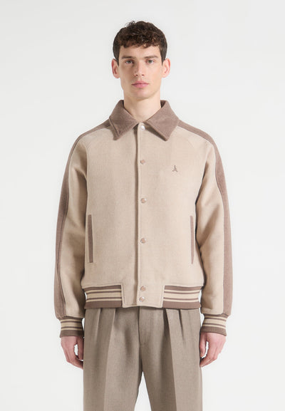 Andre - Contrast Wool Blend Varsity Jacket - Beige