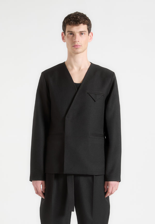 Colin - Collarless Double Breasted Minimal Blazer - Black