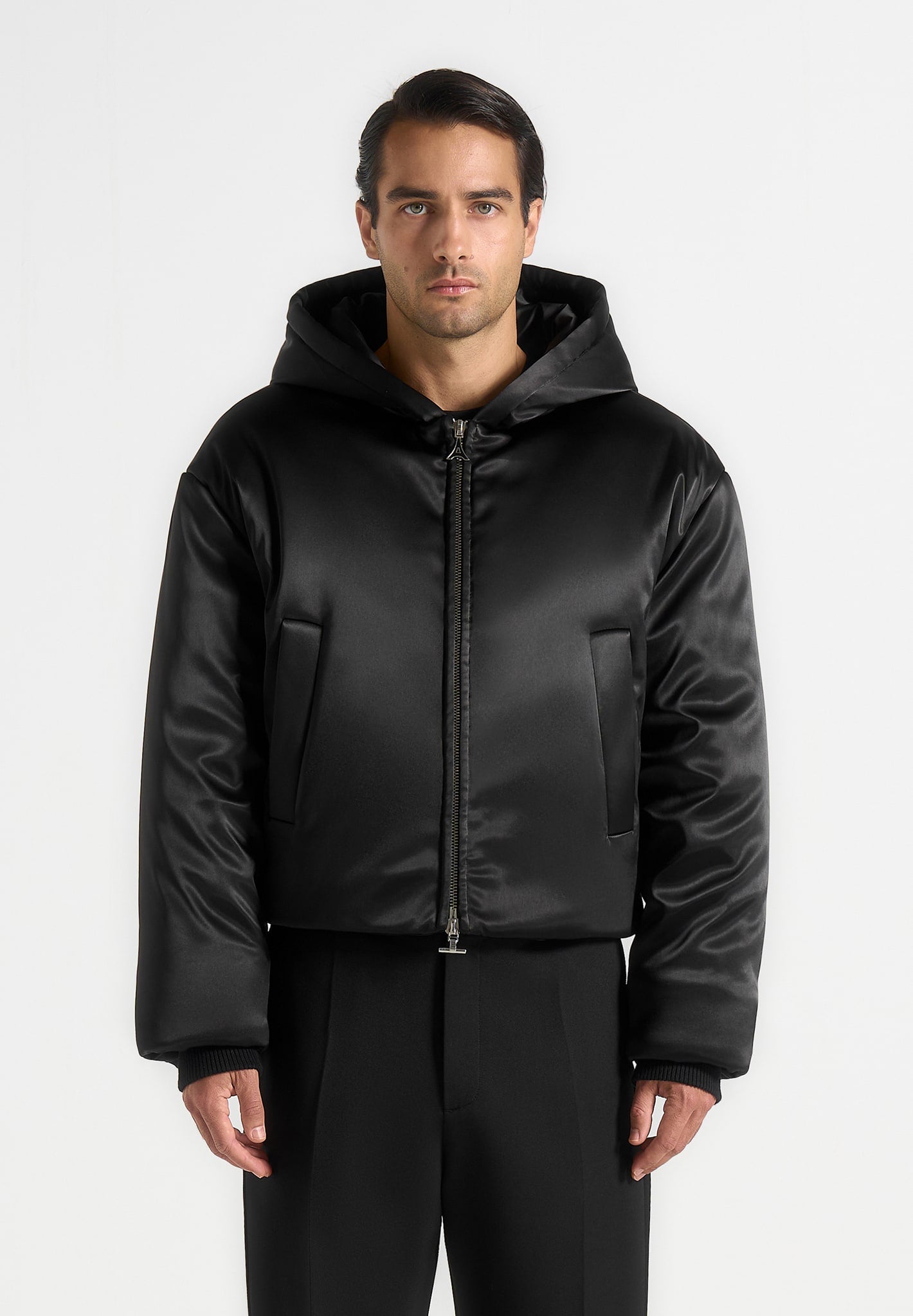 Dario - Satin Cropped Hooded Jacket - Black
