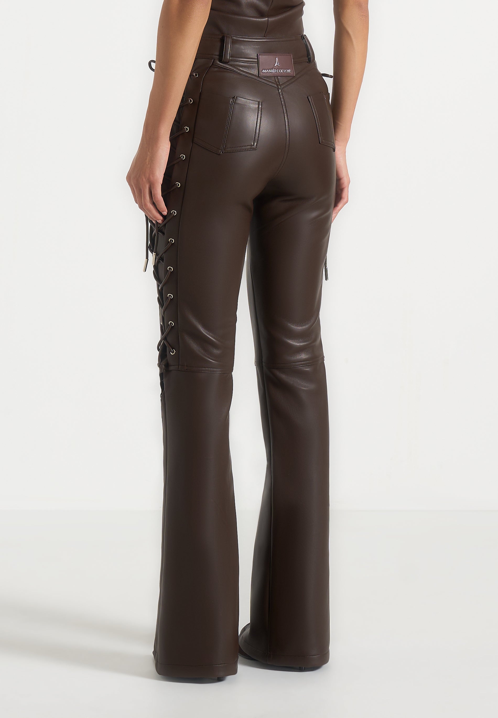 Ambre - Leather Lace Up Flared Trousers - Brown