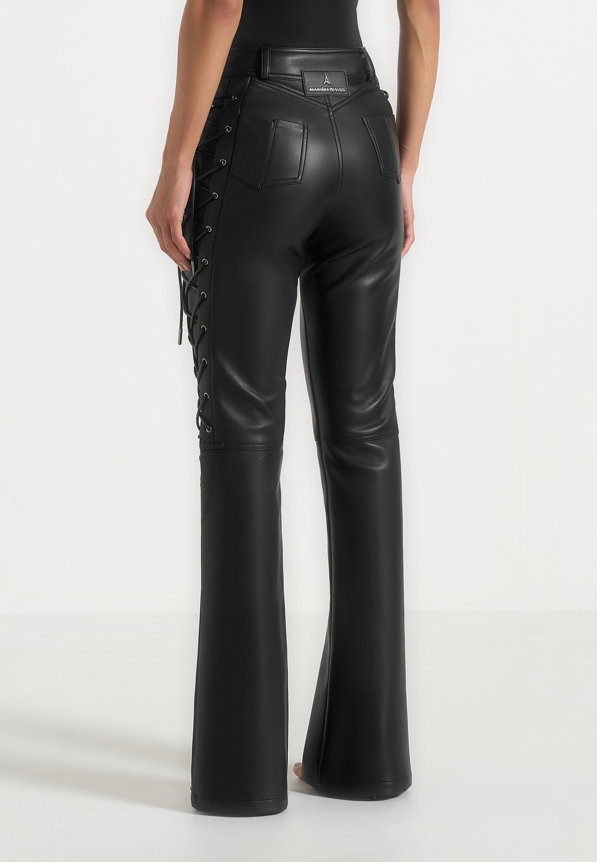 Ambre - Leather Lace Up Flared Trousers - Black