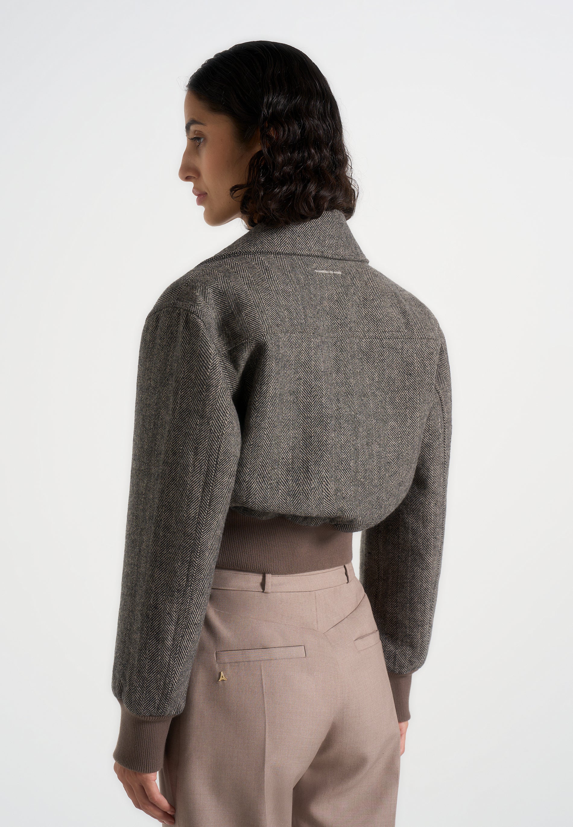 Cosette - Herringbone Wool Lapel Bomber Jacket - Grey