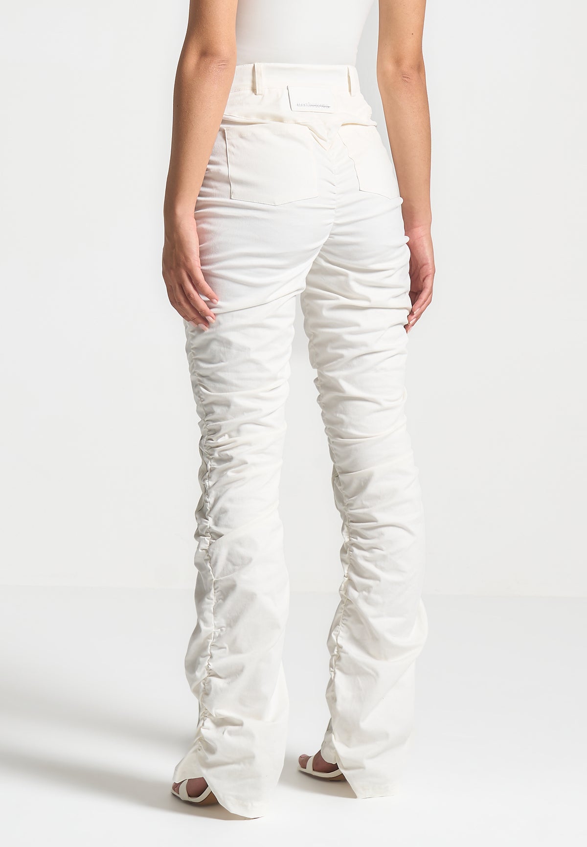 Ruched Trousers with Knee Patch - White
