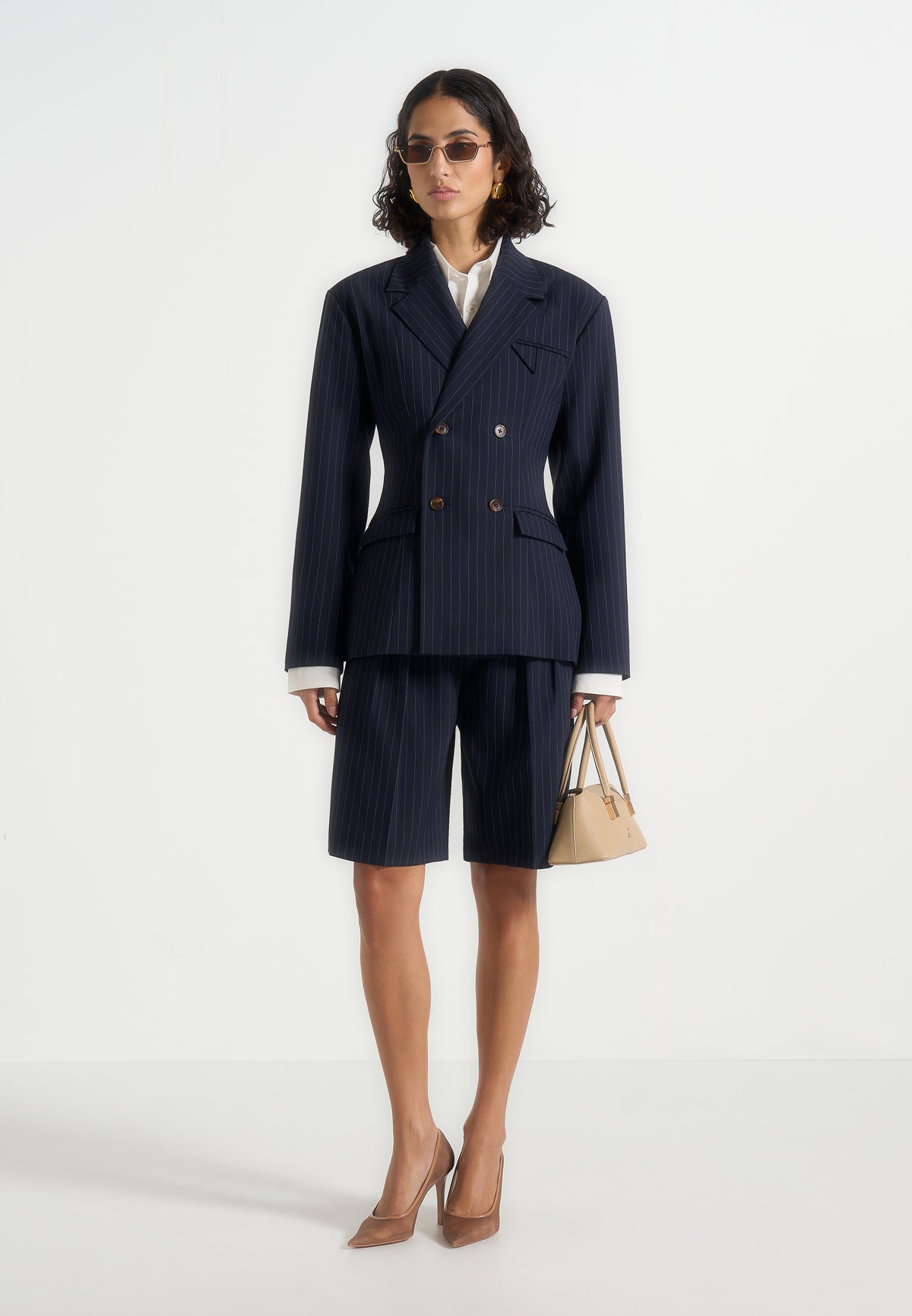Lorette - Pinstripe Twin Pleat Tailored Shorts - Navy