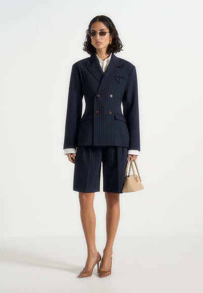 Lorette - Pinstripe Double Pleat Tailored Shorts - Navy