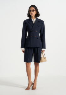 Lorette - Pinstripe Twin Pleat Tailored Shorts - Navy