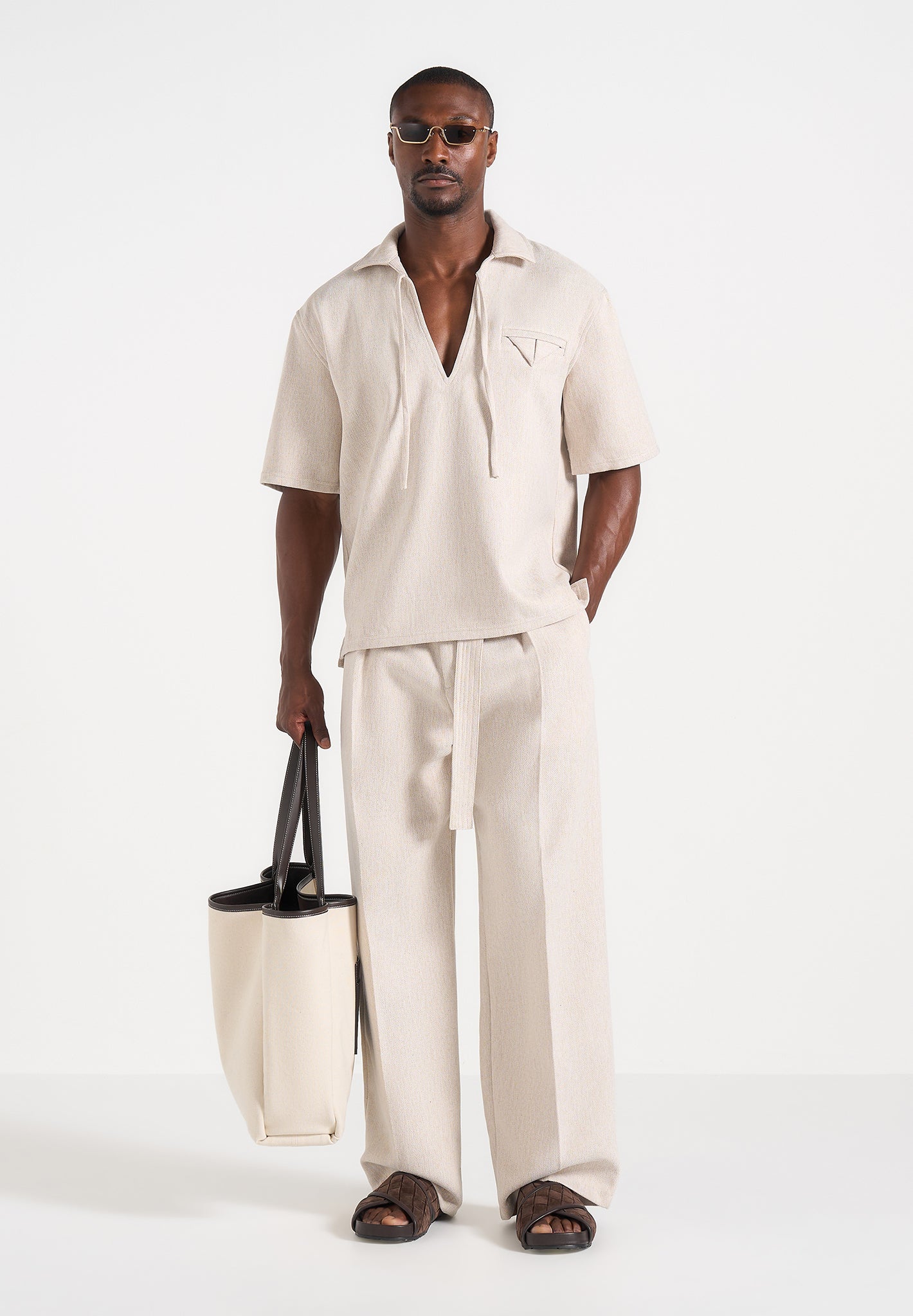 Loic -  Wide Leg Textured Trousers with Belt - Cream 