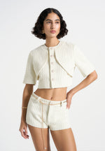 Alba - Tweed Mock Neck Curve Detailing Top - Cream