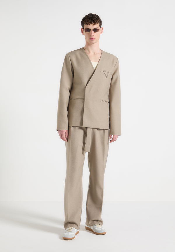 Colin - Collarless Double Breasted Minimal Blazer - Beige
