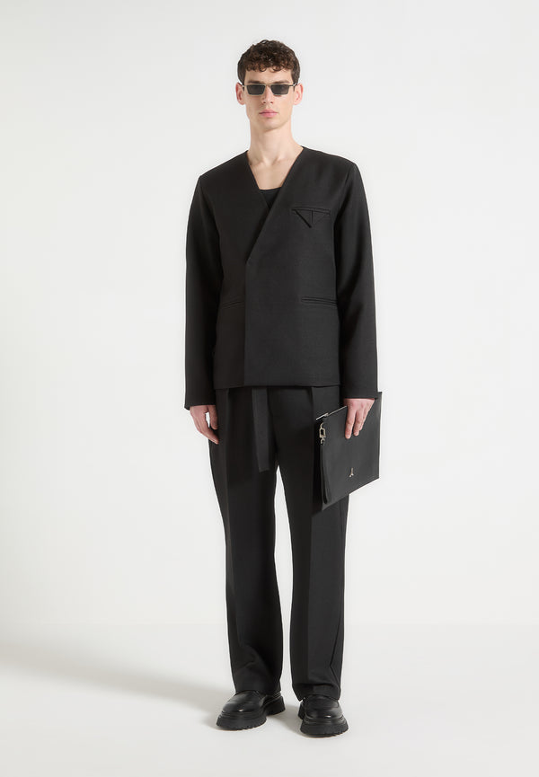 Colin - Collarless Double Breasted Minimal Blazer - Black