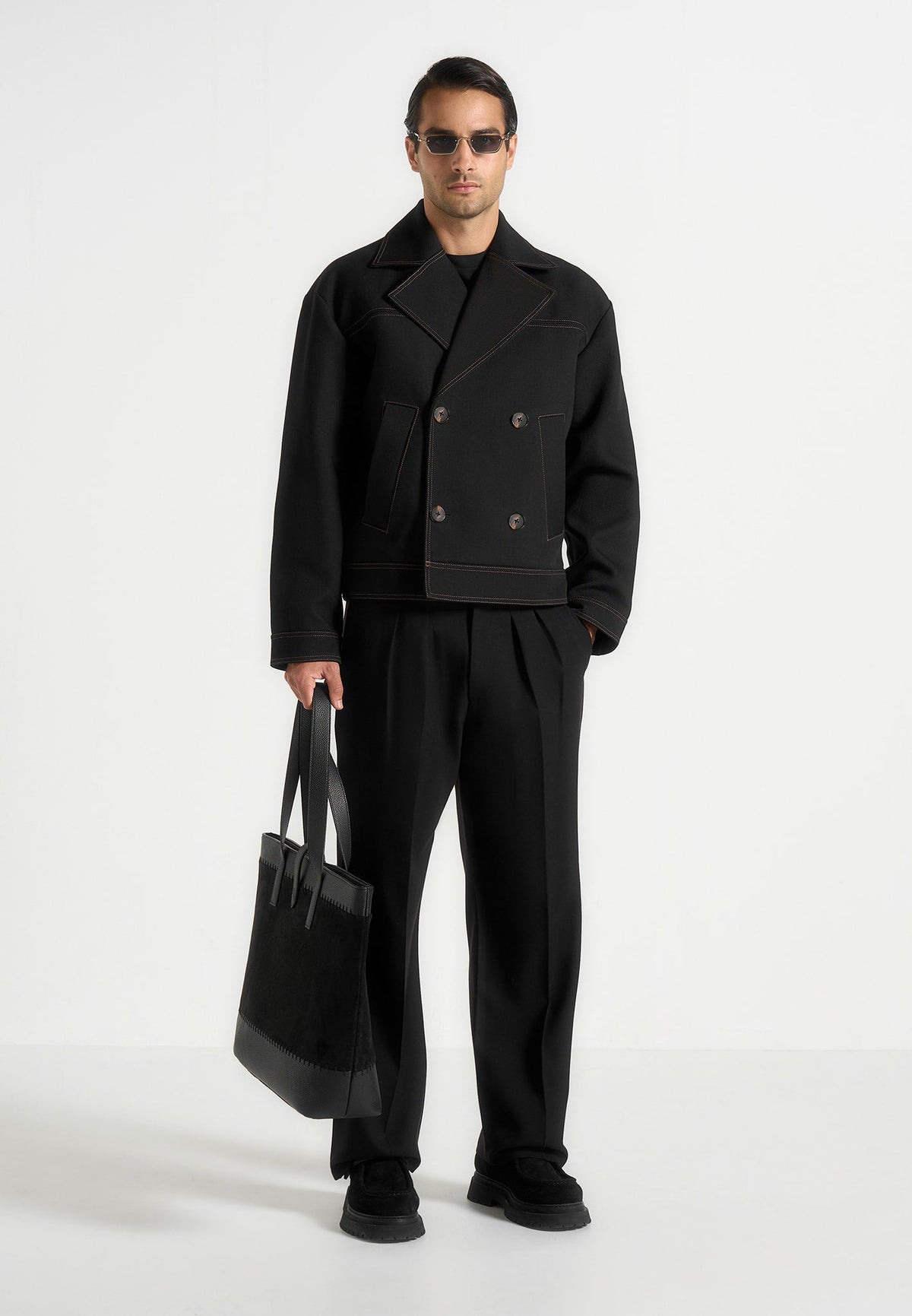 Mika - Unisex Tailored Double Breasted Wool-Blend Jacket With Contrast Stitch - Black