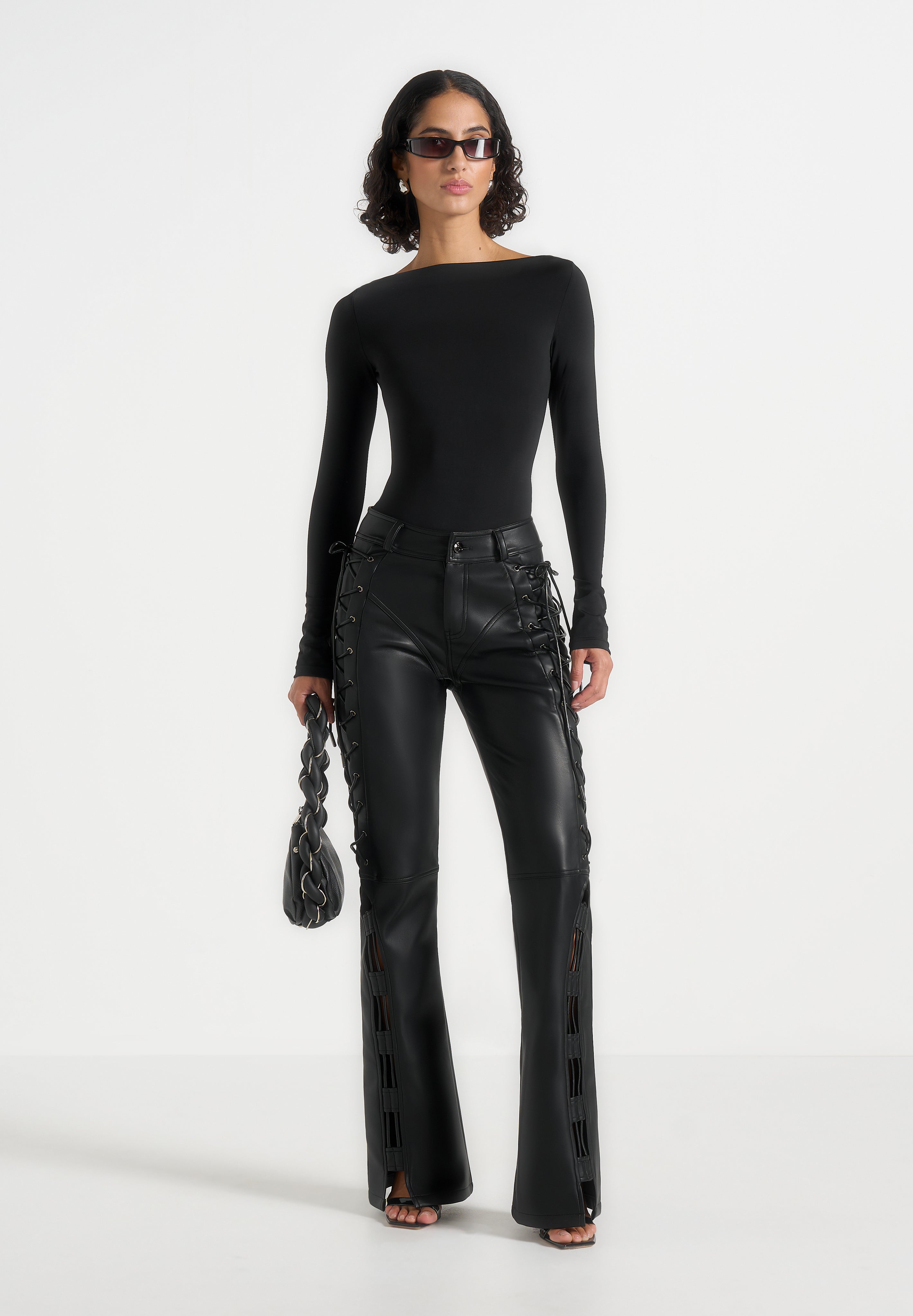 Ambre - Leather Lace Up Flared Trousers - Black 