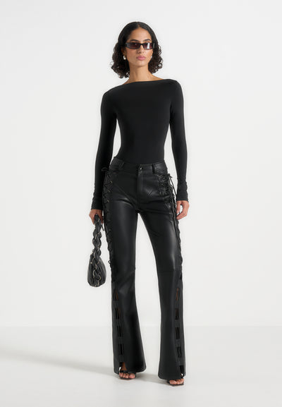 Ambre - Leather Lace Up Flared Trousers - Black