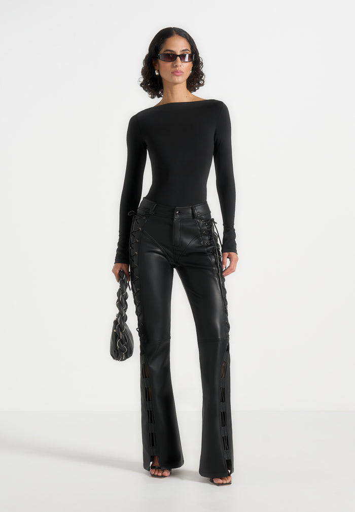 Ambre - Leather Lace Up Flared Trousers - Black