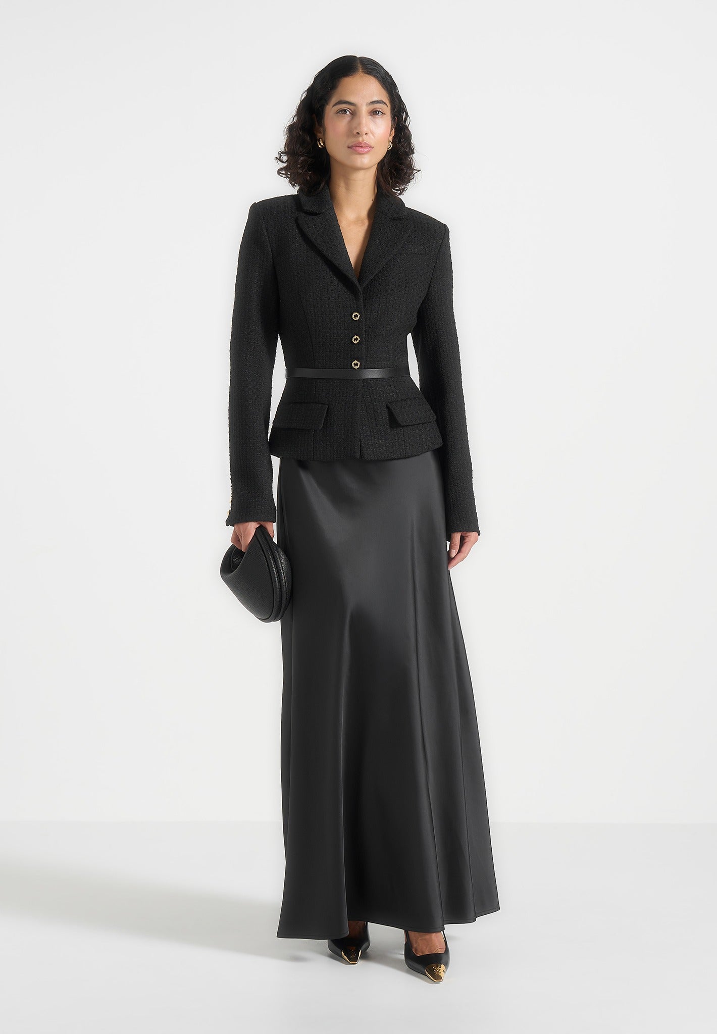 Grace - Boucle And Satin Belted Blazer Maxi Dress - Black 