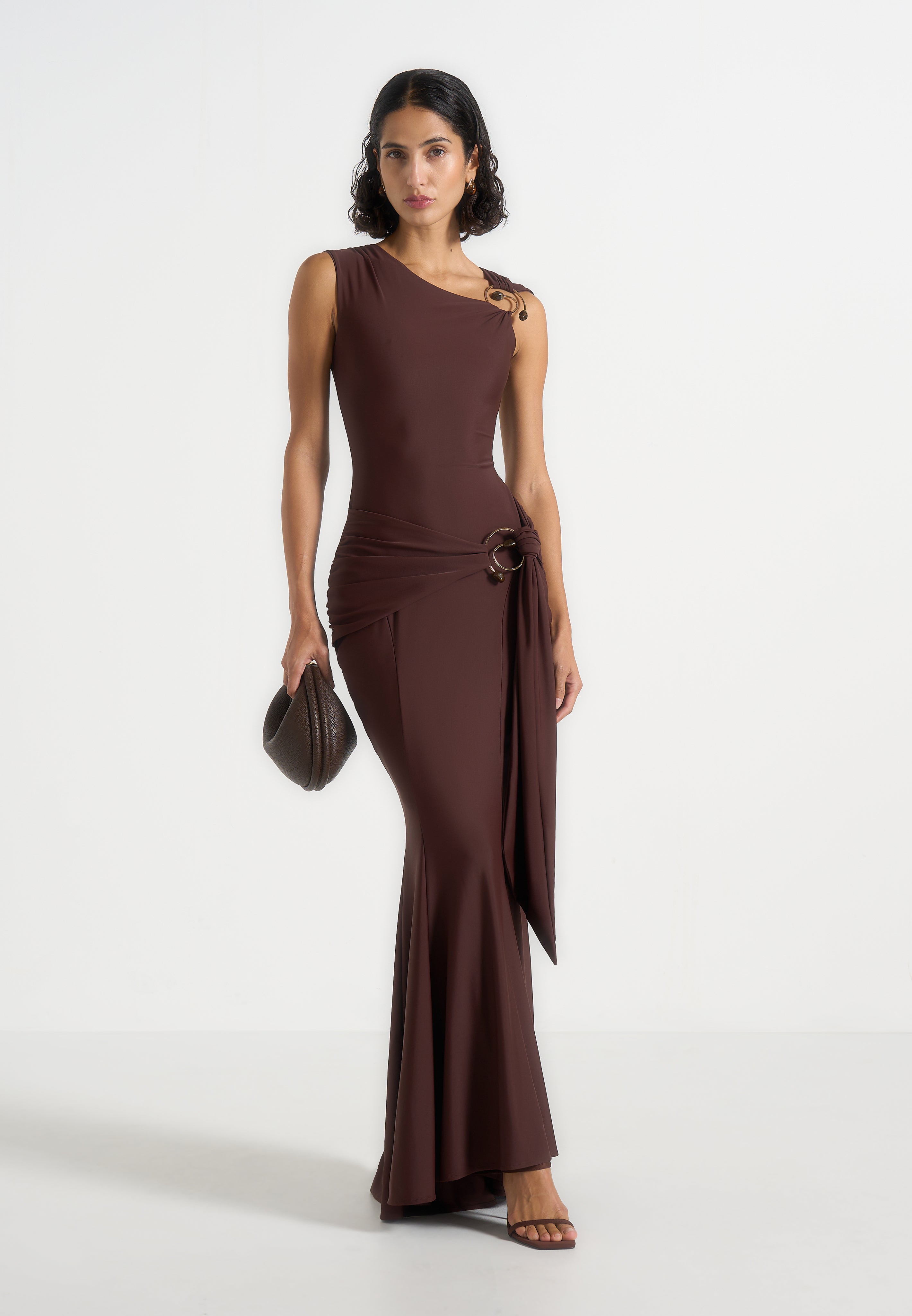 Rania - Asymmetric Draped Midaxi Dress - Brown 