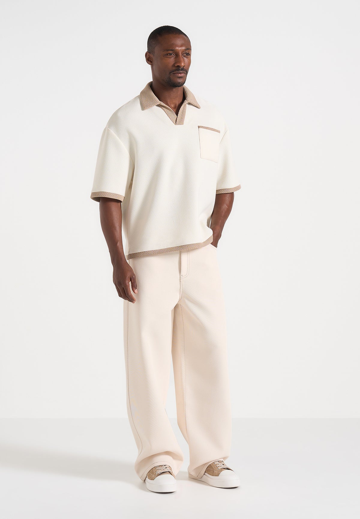 Brice - Boxy Crochet Detail Polo Shirt - Cream