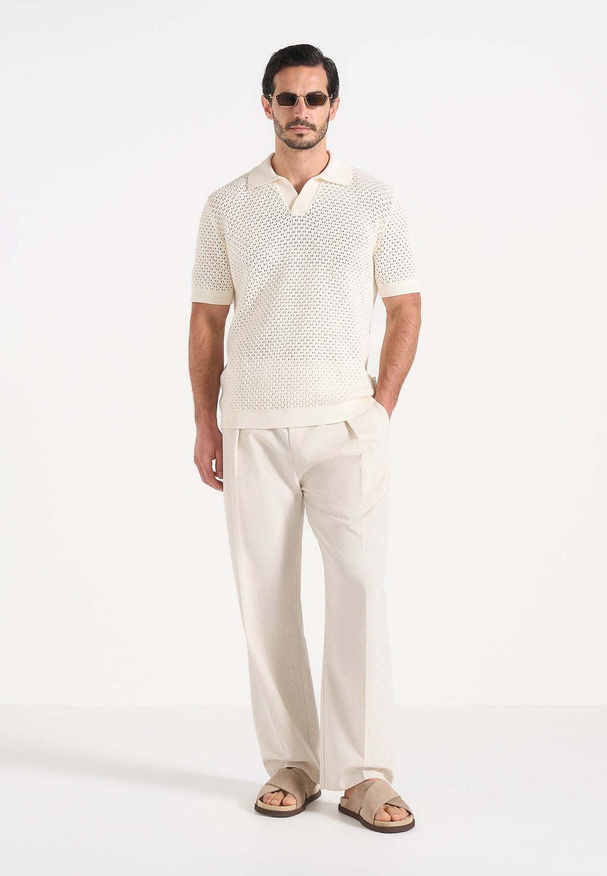 Conrad - Open Knit Polo Shirt - Cream