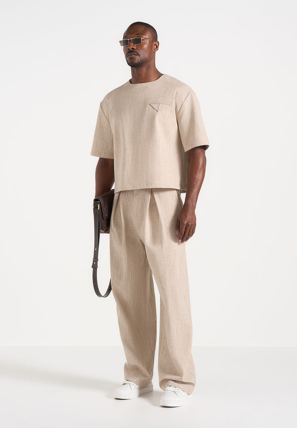 Leon - Boxy Cropped Hatched T-Shirt - Beige