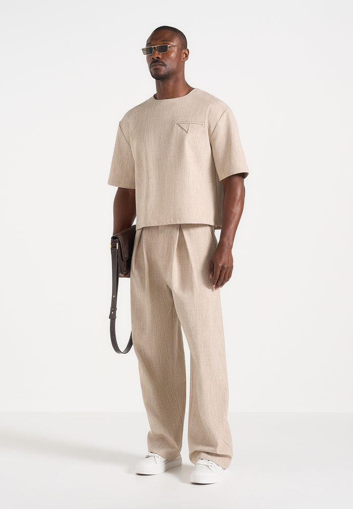 Leon - Boxy Cropped Hatched T-Shirt - Beige