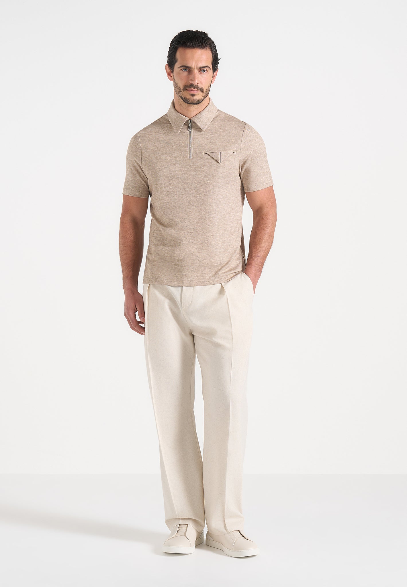 Cassian - Marl Zip Polo Shirt - Beige Marl 