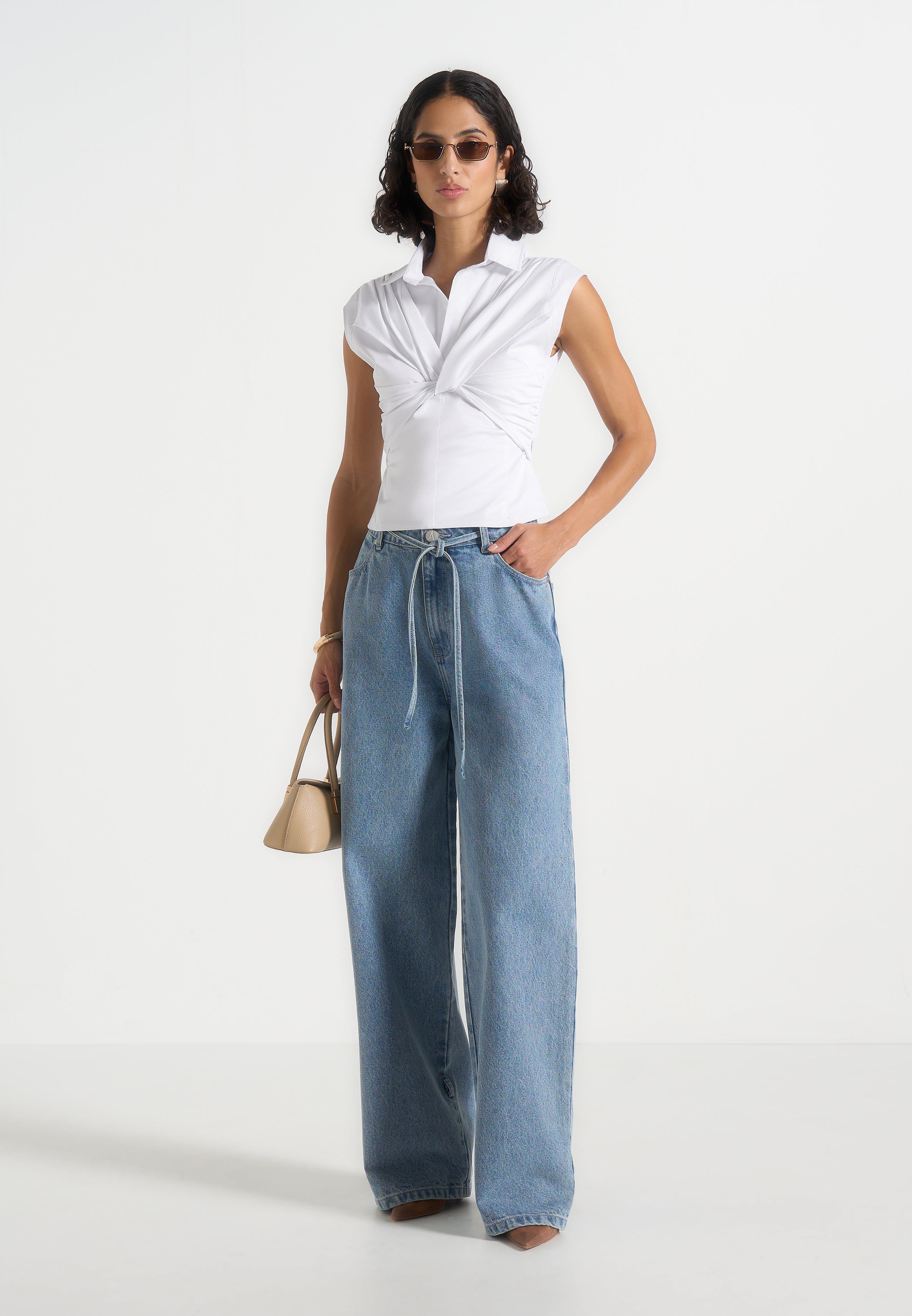 Yvette - Twist Front Sleeveless Shirt - White 