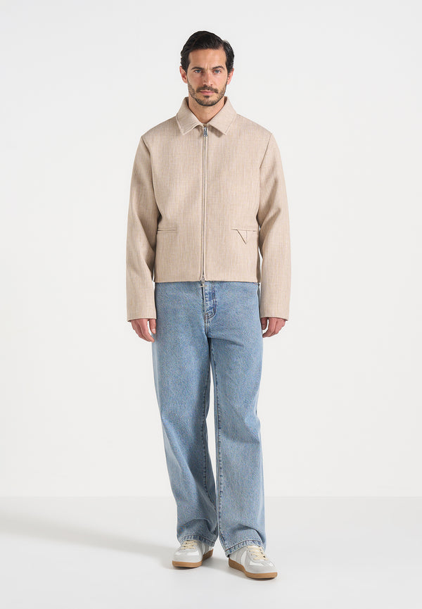 Amir - Boxy Hatched Harrington Jacket - Beige