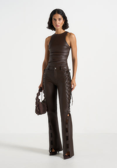 Ambre - Leather Lace Up Flared Trousers - Brown