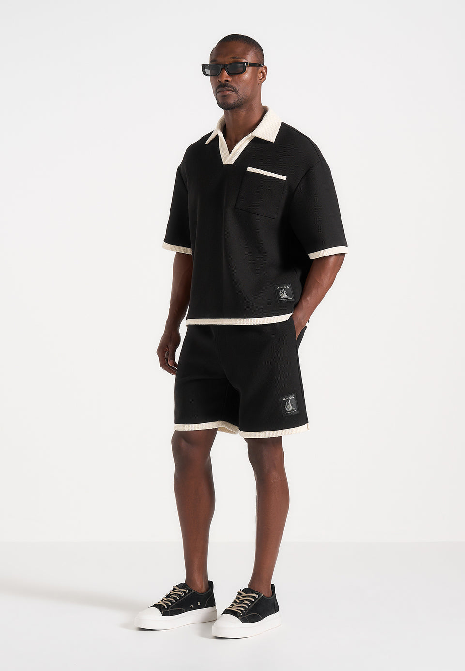 Brice - Boxy Crochet Detail Polo Shirt - Black