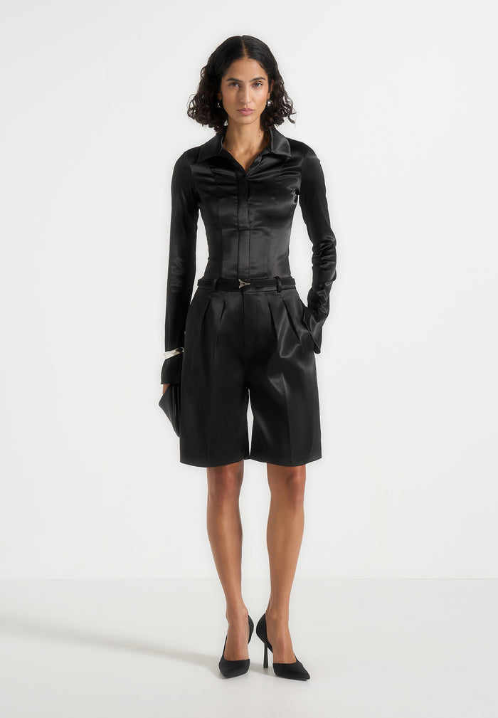 Lorette - Satin Double Pleat Shorts - Black