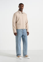 Amir - Boxy Hatched Harrington Jacket - Beige