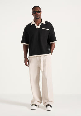 Brice - Boxy Crochet Detail Polo Shirt - Black