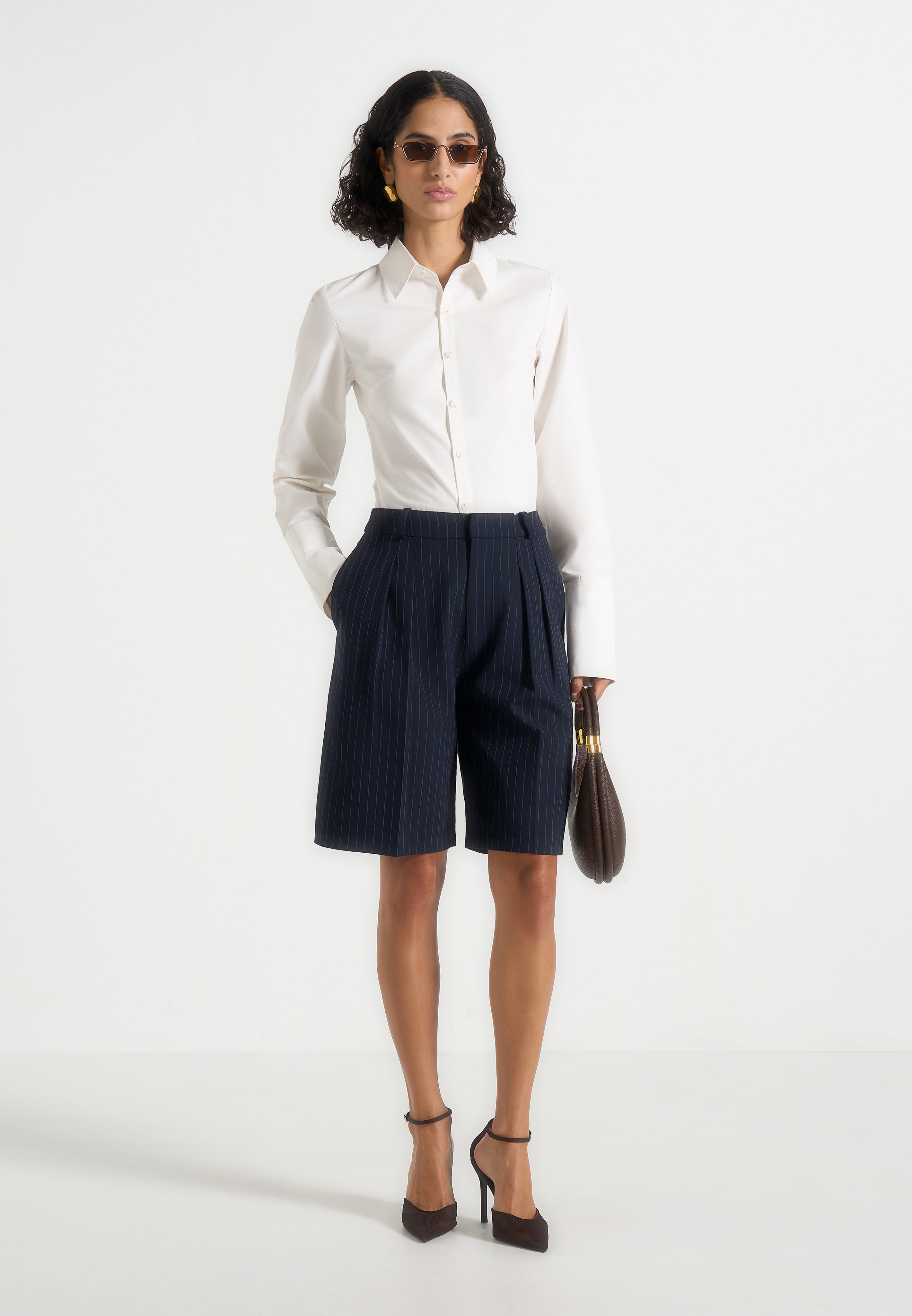 Lorette - Pinstripe Double Pleat Tailored Shorts - Navy 