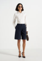 Lorette - Pinstripe Double Pleat Tailored Shorts - Navy