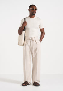 Loic -  Wide Leg Textured Trousers with Belt - Cream