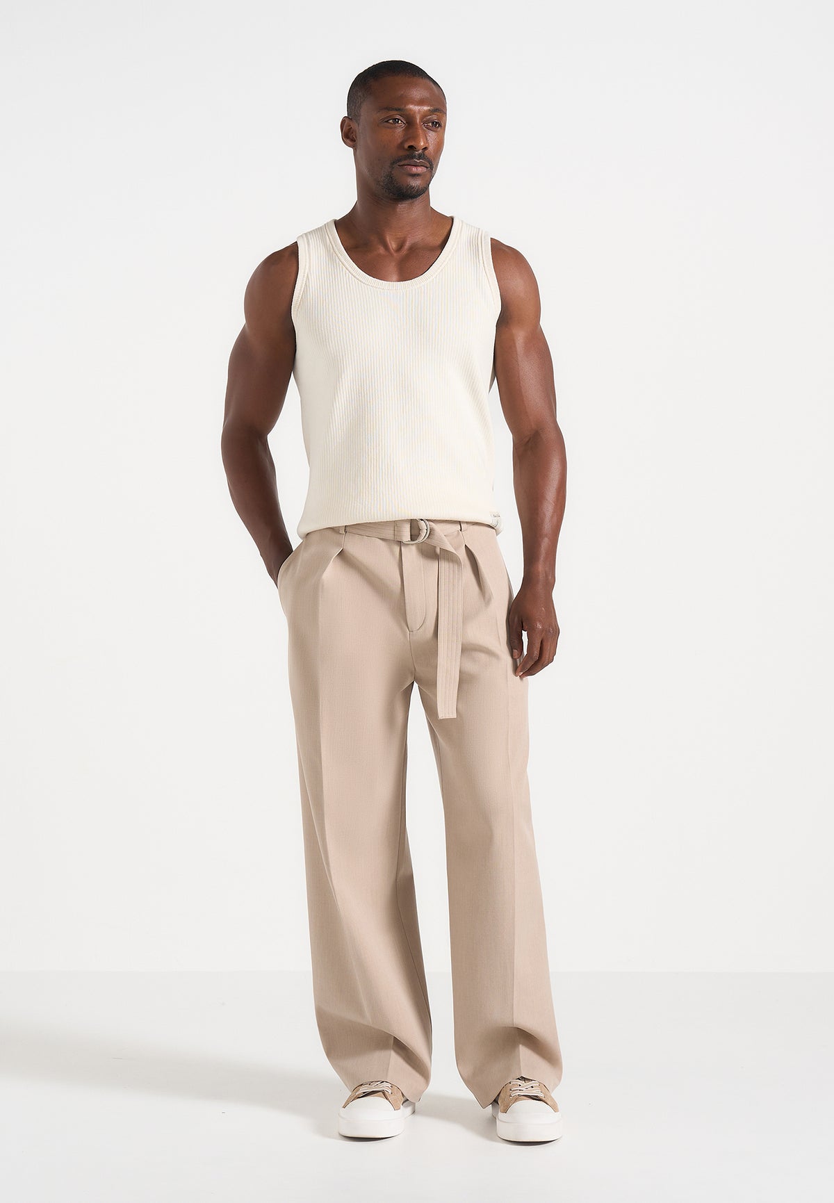 Loic - Wide Leg Tailored Trousers With Belt - Beige