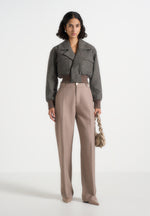 Cosette - Herringbone Wool Lapel Bomber Jacket - Grey