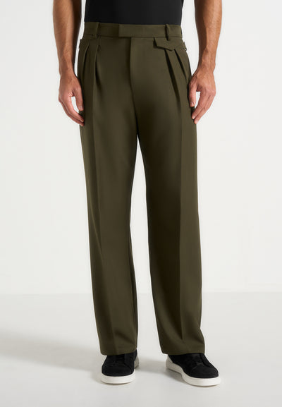 Pierre - Relaxed Fit Pleated Tailored Trousers - Olive