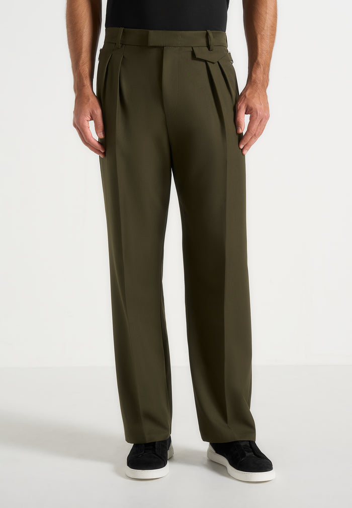 Pierre - Relaxed Fit Pleated Tailored Trousers - Olive
